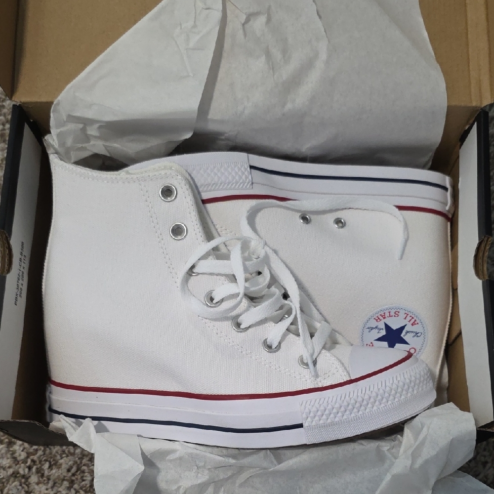 White Wedge Sneakers with Red and Blue Accents